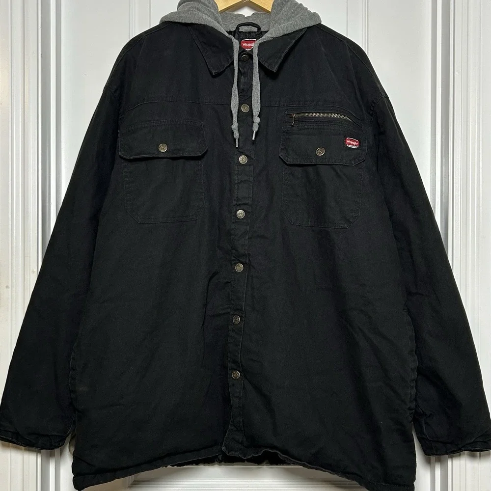 Wrangler Workwear Cotton Black Gray Hooded Insulated Rugged Workwear Jacket